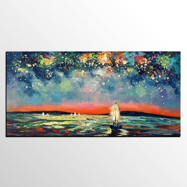 Sail Boat under Starry Night Sky Painting, Landscape Painting, Original Artwork, Custom Extra Large Canvas Painting-ArtWorkCrafts.com