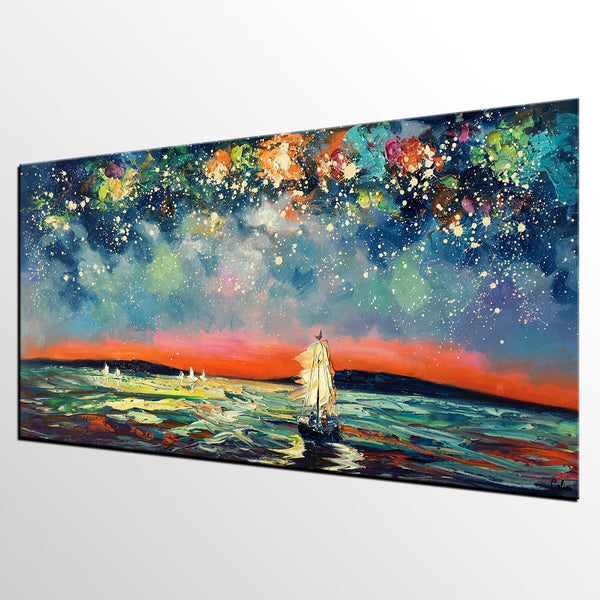 Sail Boat under Starry Night Sky Painting, Landscape Painting, Original Artwork, Custom Extra Large Canvas Painting-ArtWorkCrafts.com