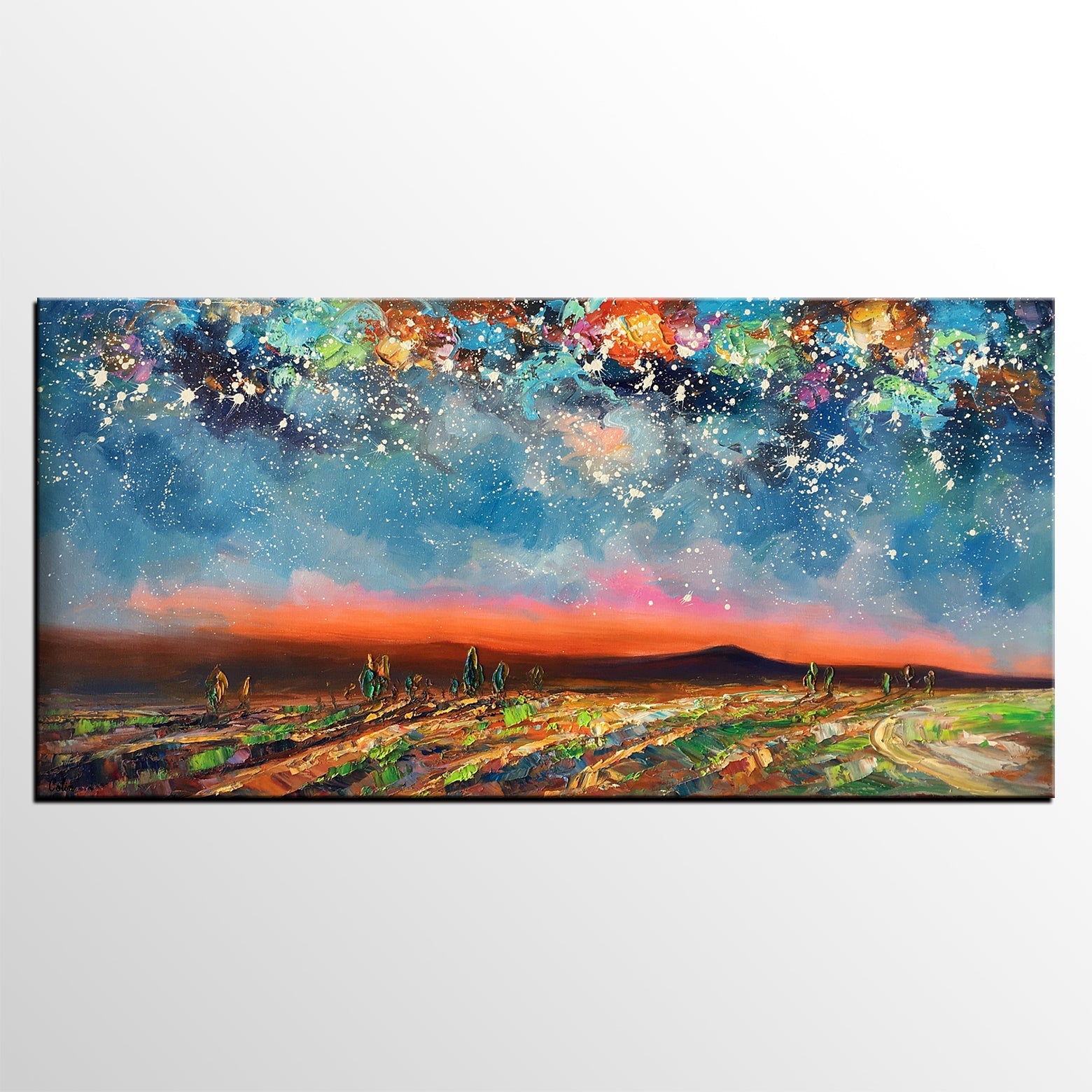 Starry Night Sky Painting, Custom Landscape Painting, Canvas Painting for Bedroom-ArtWorkCrafts.com