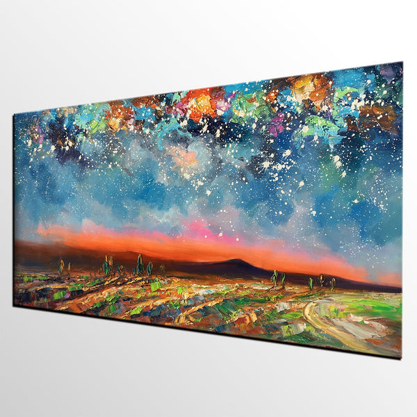 Starry Night Sky Painting, Custom Landscape Painting, Canvas Painting for Bedroom-ArtWorkCrafts.com