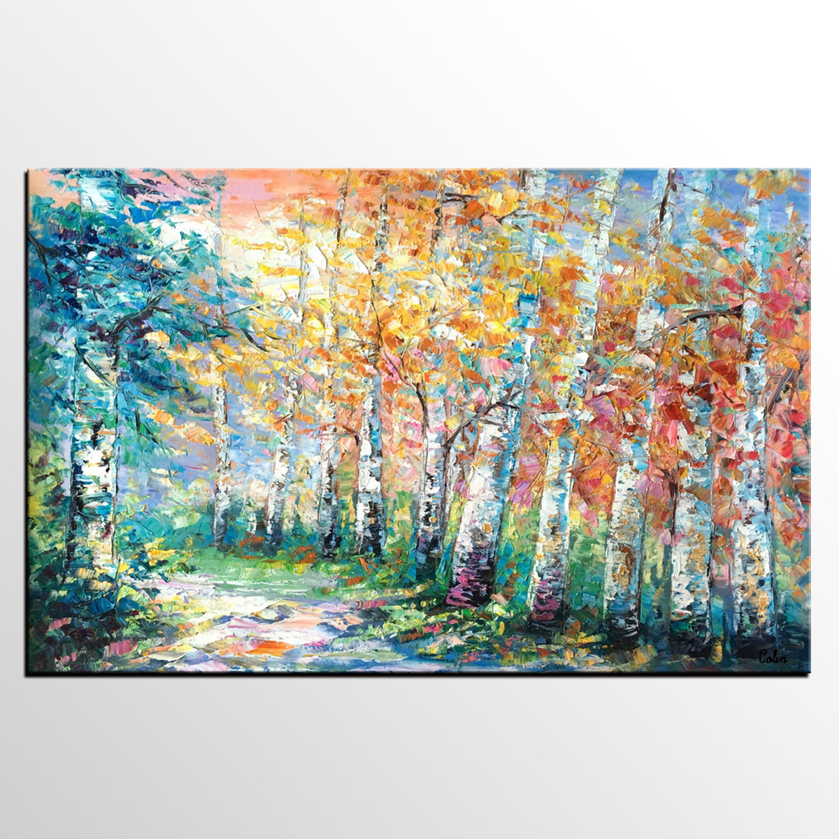 Landscape Painting, Canvas Painting, Birch Tree, Custom Large Abstract Art, Heavy Texture Art-ArtWorkCrafts.com