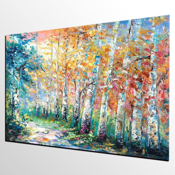 Landscape Painting, Canvas Painting, Birch Tree, Custom Large Abstract Art, Heavy Texture Art-ArtWorkCrafts.com