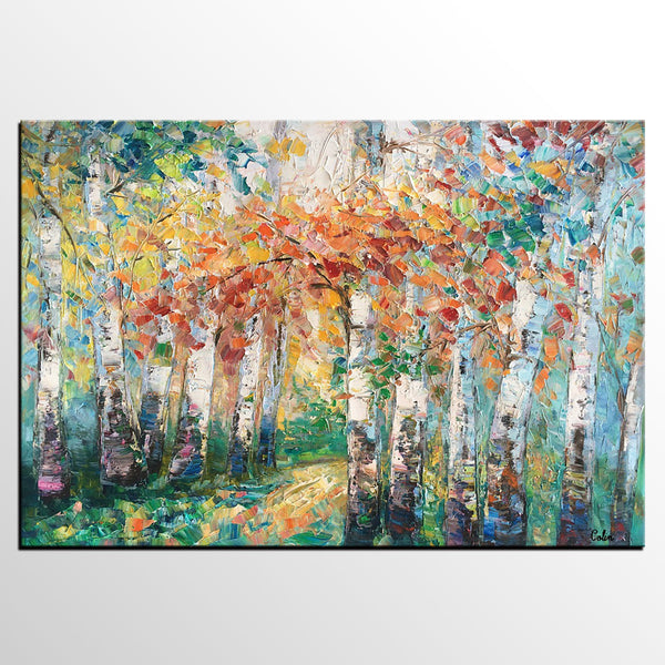 Autumn Birch Tree Painting, Heavy Texture Canvas Painting, Abstract Landscape Painting, Custom Canvas Painting for Dining Room-ArtWorkCrafts.com