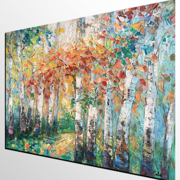 Autumn Birch Tree Painting, Heavy Texture Canvas Painting, Abstract Landscape Painting, Custom Canvas Painting for Dining Room-ArtWorkCrafts.com