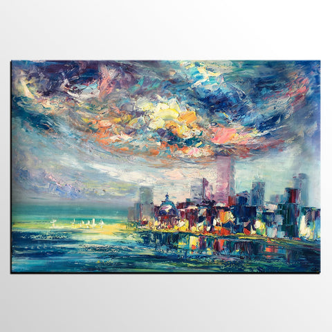 Cityscape Painting, Oil Painting on Canvas, Custom Landscape Canvas Painting, Heavy Texture Wall Art Paintings-ArtWorkCrafts.com