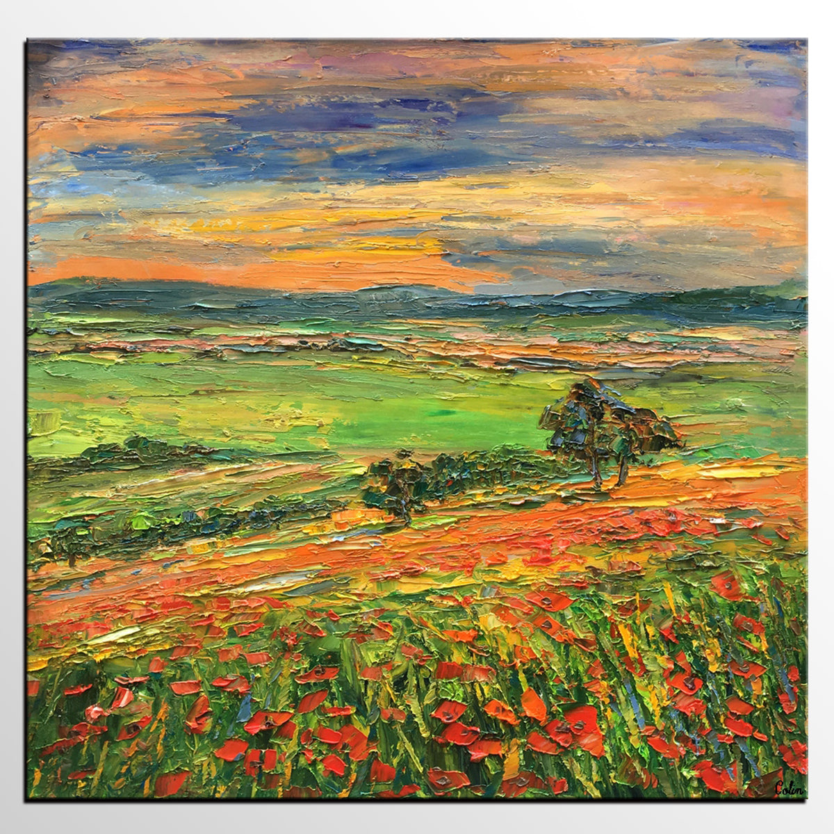 Landscape Painting on Canvas, Flower Field Painting, Heavy Texture Paintings, Custom Original Oil Painting, Living Room Wall Art Paintings-ArtWorkCrafts.com