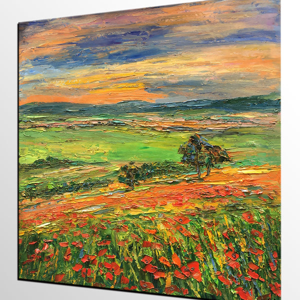 Landscape Painting on Canvas, Flower Field Painting, Heavy Texture Paintings, Custom Original Oil Painting, Living Room Wall Art Paintings-ArtWorkCrafts.com