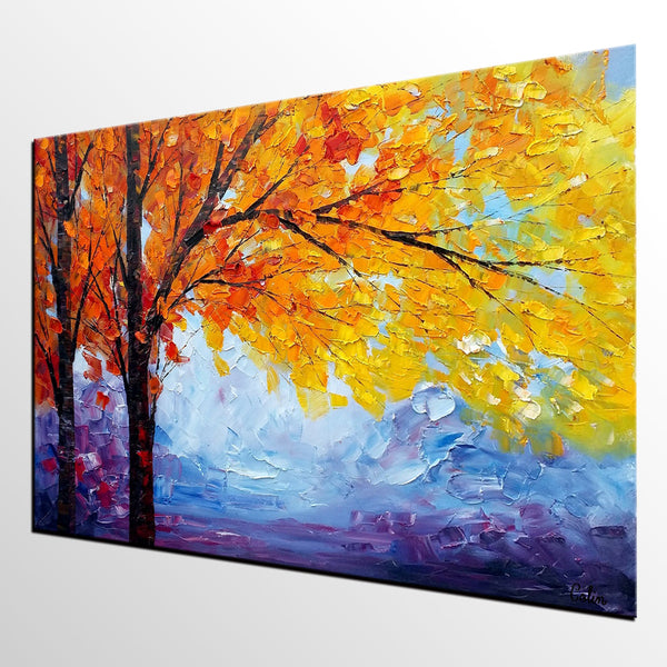 Autumn Tree Painting, Autumn Paintings, Original Landscape Oil Paintings, Custom Art, Canvas Painting for Living Room-ArtWorkCrafts.com