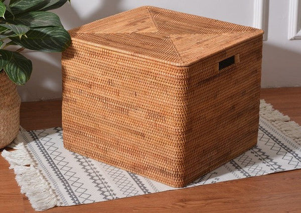 Large Rectangular Storage Baskets for Bathroom, Wicker Storage Basket with Lid, Extra Large Storage Baskets for Clothes, Storage Baskets for Shelves-ArtWorkCrafts.com