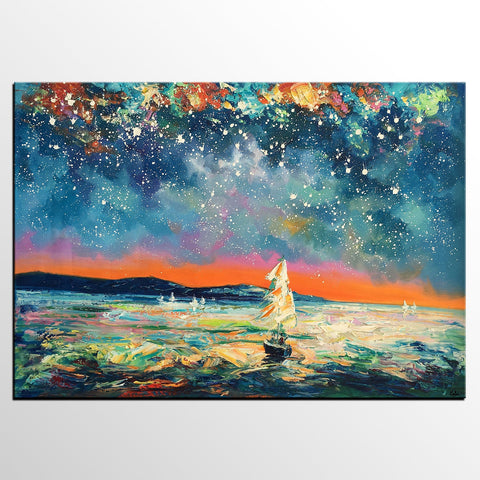 Modern Abstract Art, Oil Painting, Starry Night Sky, Landscape Painting, Bedroom Wall Art-ArtWorkCrafts.com