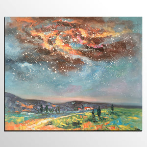 Landscape Oil Painting, Starry Night Sky Painting, Heavy Texture Painting, Custom Abstract Painting-ArtWorkCrafts.com