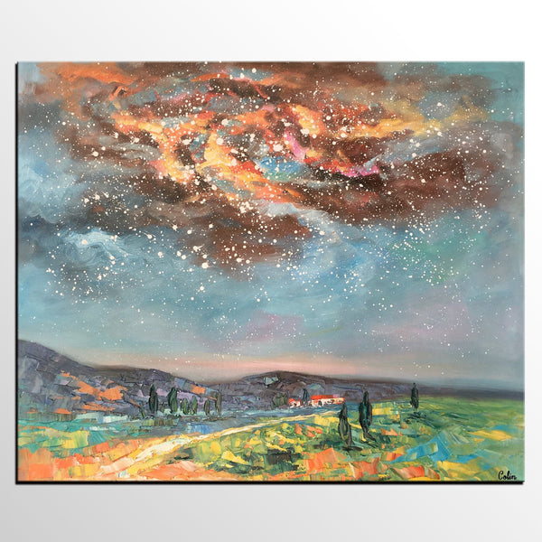 Landscape Oil Painting, Starry Night Sky Painting, Heavy Texture Painting, Custom Abstract Painting-ArtWorkCrafts.com