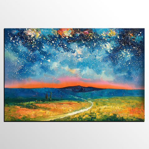 Heavy Texture Painting, Starry Night Sky Painting, Landscape Painting, Custom Large Canvas Art-ArtWorkCrafts.com