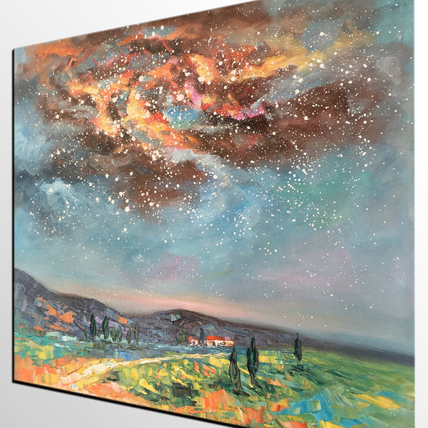 Landscape Oil Painting, Starry Night Sky Painting, Heavy Texture Painting, Custom Abstract Painting-ArtWorkCrafts.com