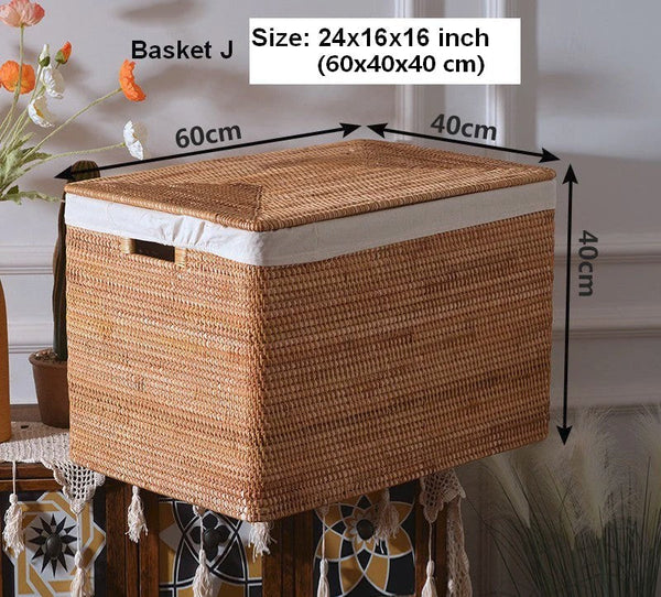 Extra Large Storage Baskets for Clothes, Oversized Rectangular Storage Basket with Lid, Wicker Rattan Storage Basket for Shelves, Storage Baskets for Bedroom-ArtWorkCrafts.com