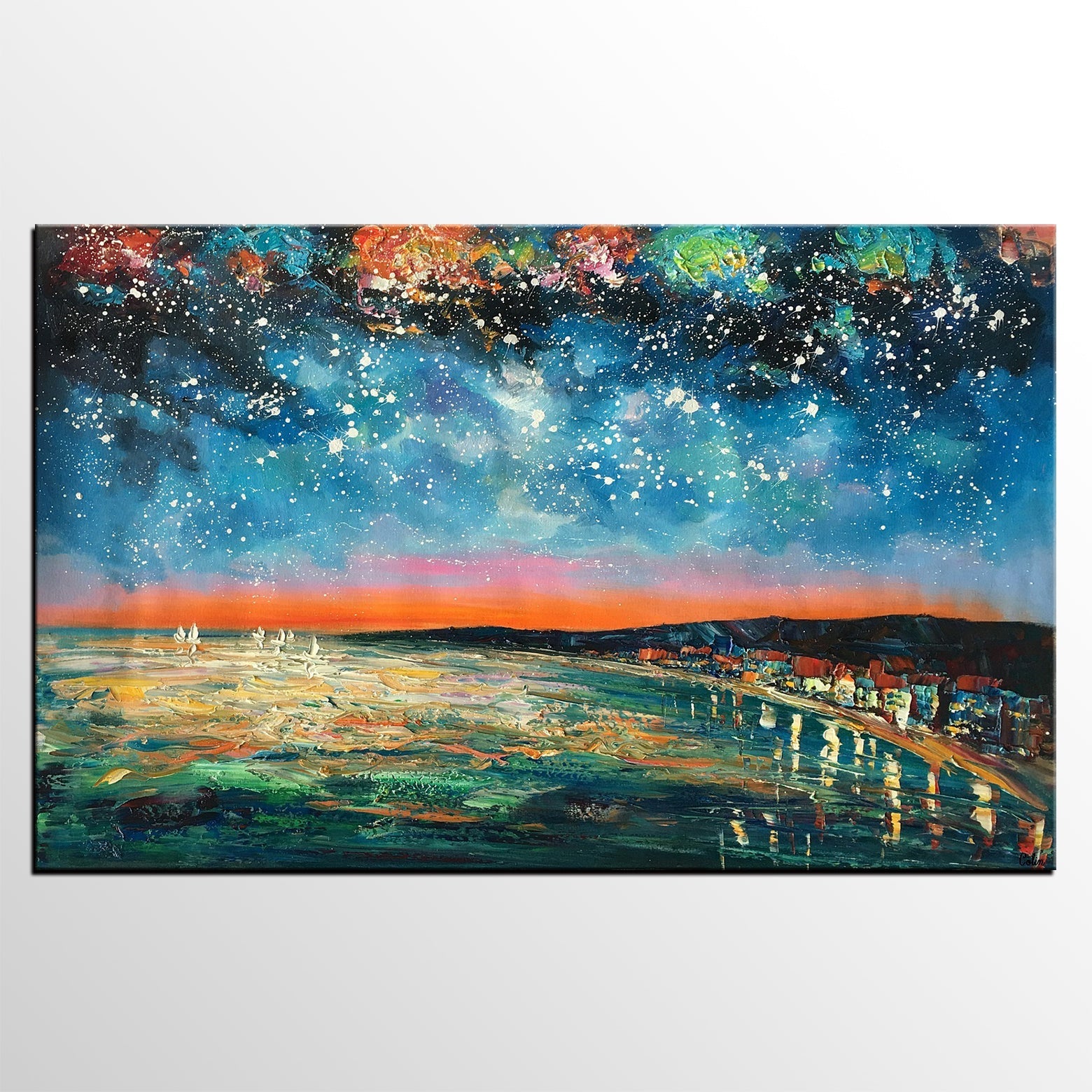 Landscape Painting, Starry Night Oil Painting, Original Wall Art, Custom Large Canvas Art-ArtWorkCrafts.com