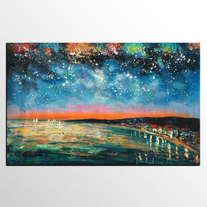 Landscape Painting, Starry Night Oil Painting, Original Wall Art, Custom Large Canvas Art-ArtWorkCrafts.com