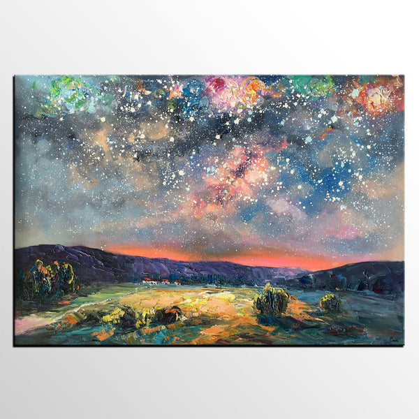 Abstract Landscape Painting, Starry Night Sky Painting, Heavy Texture Painting, Impasto Painting, Custom Wall Art Paintings for Living Room-ArtWorkCrafts.com