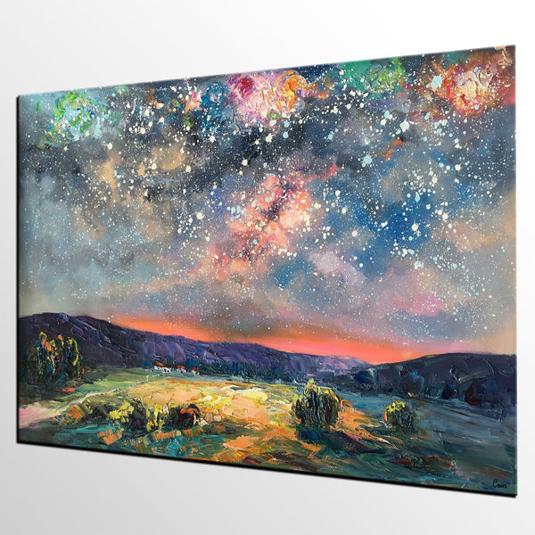 Abstract Landscape Painting, Starry Night Sky Painting, Heavy Texture Painting, Impasto Painting, Custom Wall Art Paintings for Living Room-ArtWorkCrafts.com