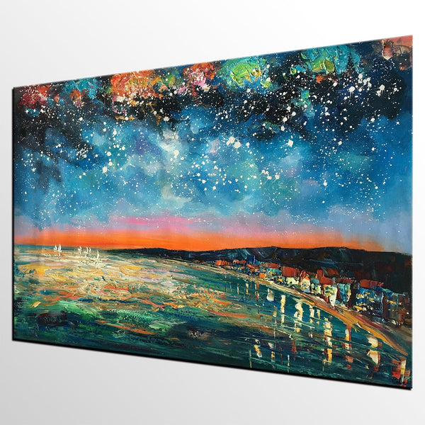 Landscape Painting, Starry Night Oil Painting, Original Wall Art, Custom Large Canvas Art-ArtWorkCrafts.com