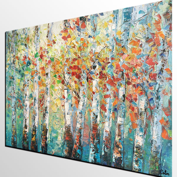 Canvas Art Painting, Large Wall Art, Summer Birch Tree Painting, Custom Extra Large Oil Painting-ArtWorkCrafts.com