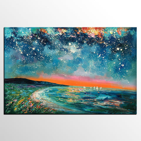 Canvas Wall Art, Starry Night Sky Painting, Landscape Art, Original Painting, Custom Art Painting-ArtWorkCrafts.com