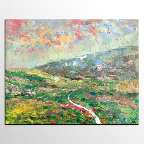 Mountain Landscape Painting, Palette Knife Paintings, Custom Wall Art Painting on Canvas, Spring Mountain Painting-ArtWorkCrafts.com