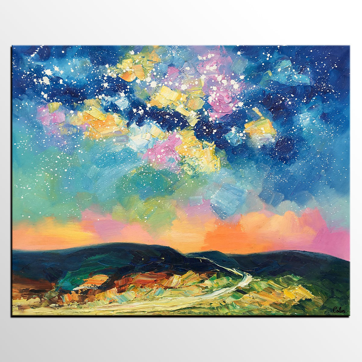 Abstract Landscape Painting, Starry Night Sky Painting, Heavy Texture Painting, Custom Canvas Painting for Sale, Large Painting for Bedroom-ArtWorkCrafts.com