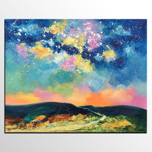 Abstract Landscape Painting, Starry Night Sky Painting, Heavy Texture Painting, Custom Canvas Painting for Sale, Large Painting for Bedroom-ArtWorkCrafts.com