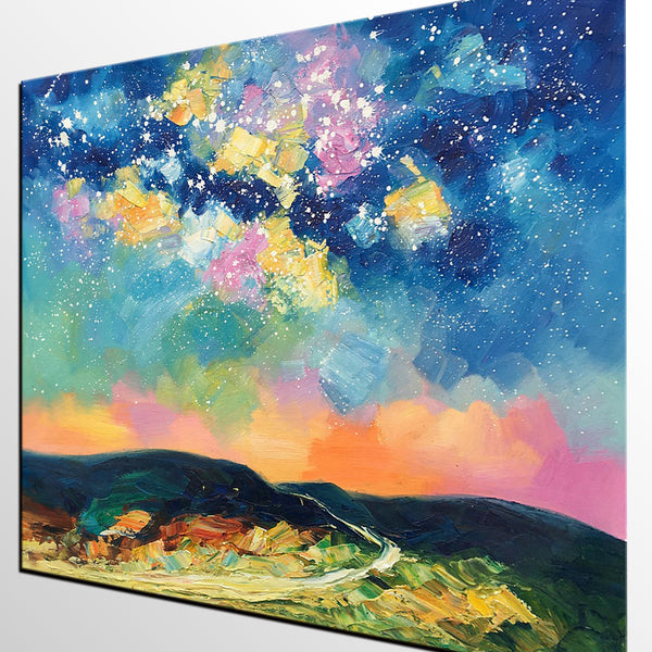 Abstract Landscape Painting, Starry Night Sky Painting, Heavy Texture Painting, Custom Canvas Painting for Sale, Large Painting for Bedroom-ArtWorkCrafts.com