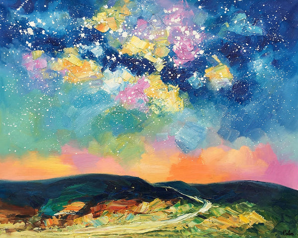 Abstract Landscape Painting, Starry Night Sky Painting, Heavy Texture Painting, Custom Canvas Painting for Sale, Large Painting for Bedroom-ArtWorkCrafts.com