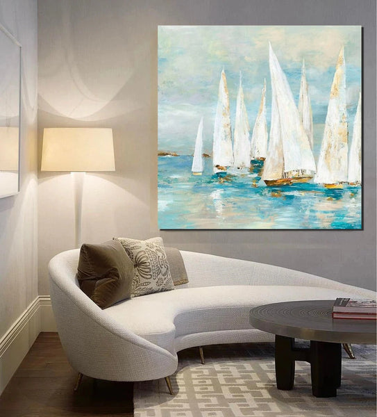 Sail Boat Painting, Hand Painted Abstract Painting, Abstract Landscape Painting, Extra Large Abstract Paintings on Canvas, Bedroom Wall Art Ideas-ArtWorkCrafts.com