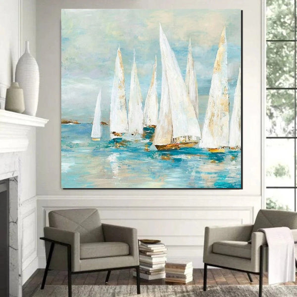 Sail Boat Painting, Hand Painted Abstract Painting, Abstract Landscape Painting, Extra Large Abstract Paintings on Canvas, Bedroom Wall Art Ideas-ArtWorkCrafts.com