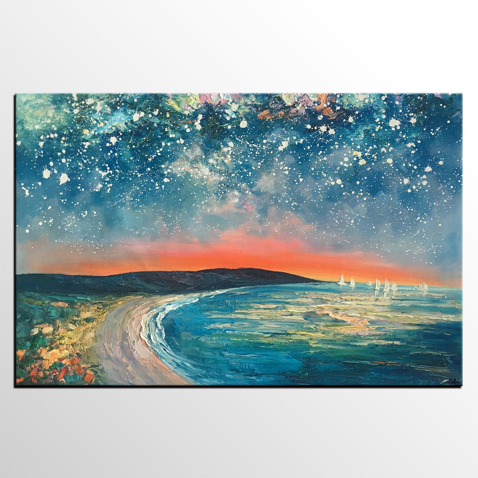 Starry Night Sky Seashore Painting, Abstract Art Painting, Canvas Oil Painting, Heavy Texture Art, Bedroom Wall Art, Landscape Painting, Large Art, Original Art-ArtWorkCrafts.com