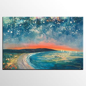 Starry Night Sky Seashore Painting, Abstract Art Painting, Canvas Oil Painting, Heavy Texture Art, Bedroom Wall Art, Landscape Painting, Large Art, Original Art-ArtWorkCrafts.com