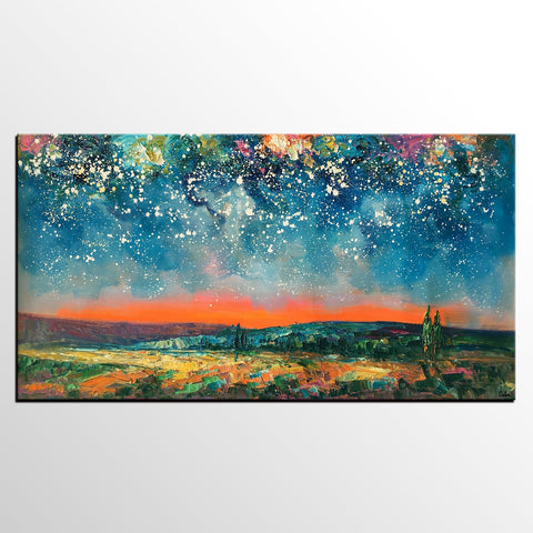 Original Landscape Painting, Starry Night Sky Painting, Bedroom Wall Art Paintings, Custom Original Painting for Sale-ArtWorkCrafts.com