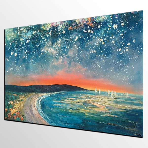 Starry Night Sky Seashore Painting, Abstract Art Painting, Canvas Oil Painting, Heavy Texture Art, Bedroom Wall Art, Landscape Painting, Large Art, Original Art-ArtWorkCrafts.com