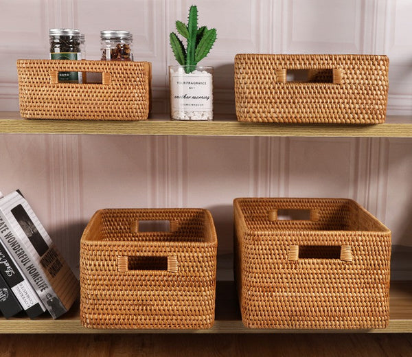 Storage Basket for Shelves, Large Rectangular Storage Baskets, Storage Baskets for Kitchen, Woven Rattan Storage Baskets for Bedroom-ArtWorkCrafts.com