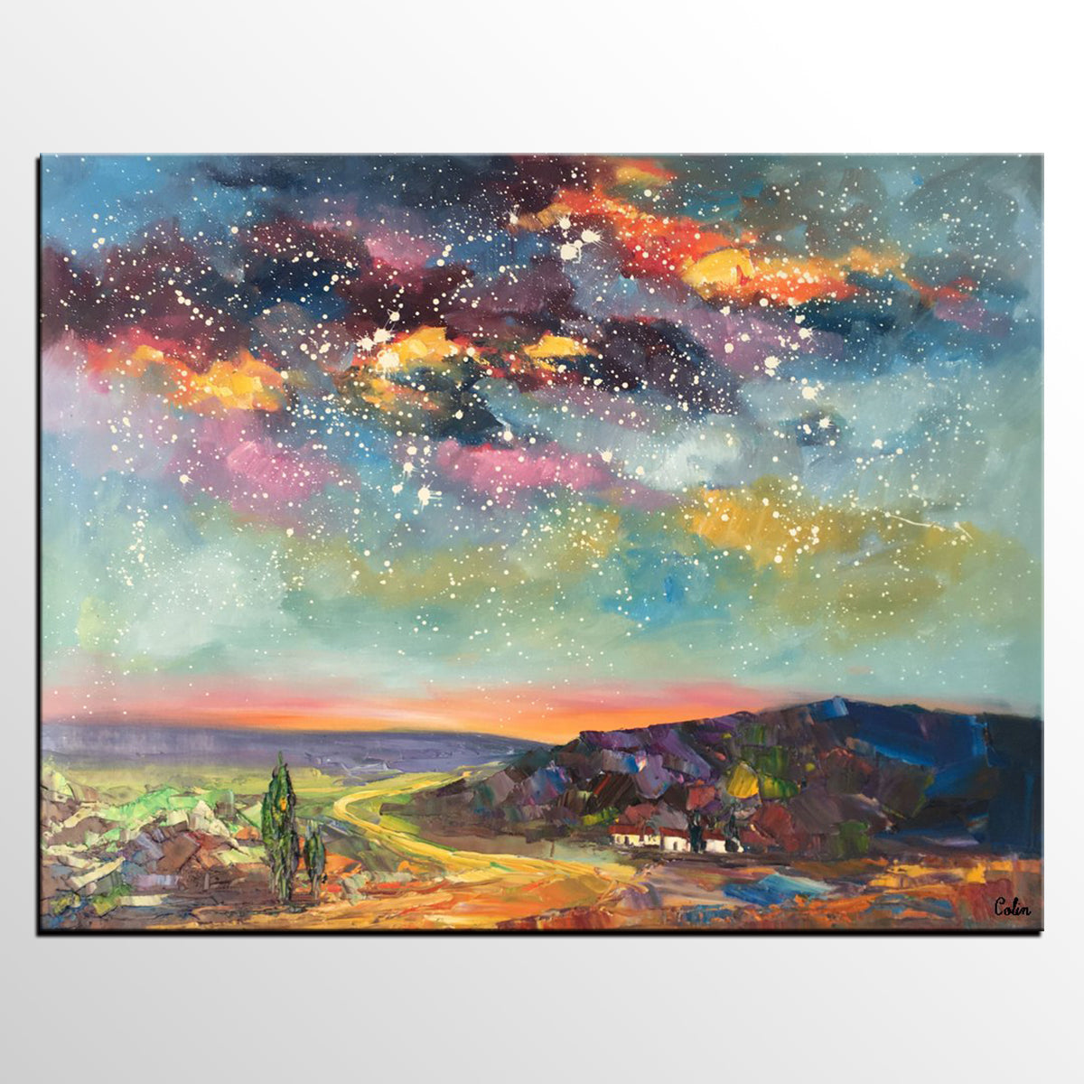 Wall Art for Bedroom Wall Art, Starry Night Sky Painting, Landscape Art, Custom Large Canvas Painting-ArtWorkCrafts.com