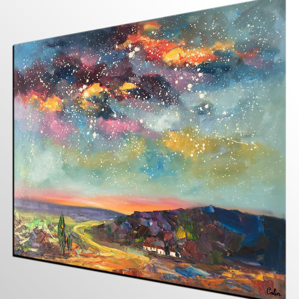 Wall Art for Bedroom Wall Art, Starry Night Sky Painting, Landscape Art, Custom Large Canvas Painting-ArtWorkCrafts.com