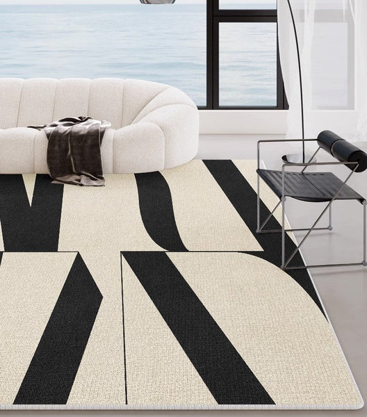 Ultra Modern Rugs for Living Room, Geometric Contemporary Rugs Next to Bed, Black Contemporary Modern Rugs, Modern Rugs for Dining Room-ArtWorkCrafts.com