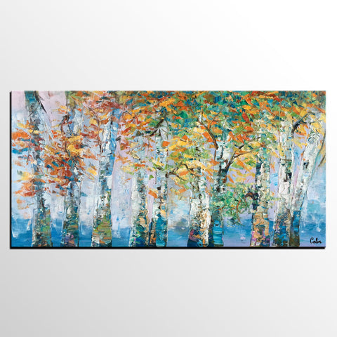 Birch Tree Paintings, Landscape Wall Art Paintings, Custom Canvas Painting for Bedroom, Original Canvas Painting-ArtWorkCrafts.com