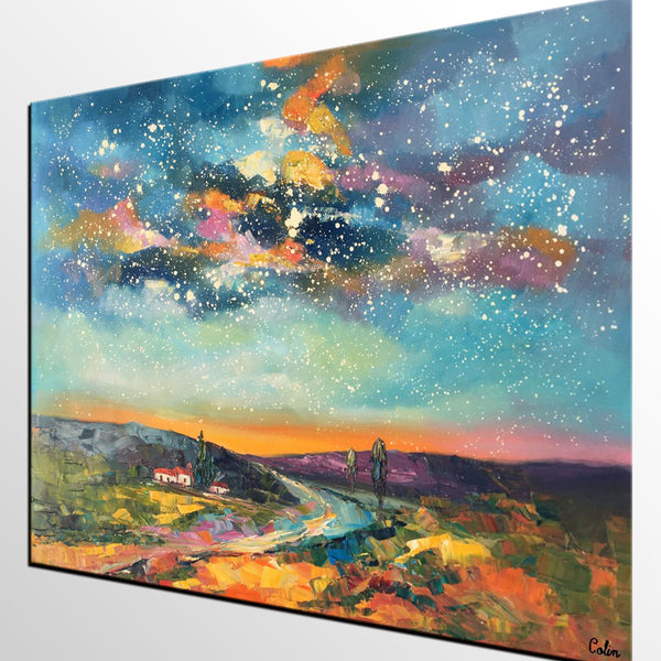 Canvas Wall Art, Abstract Landscape Art, Starry Night Sky, Bedroom Wall Art, Custom Abstract Art Painting, Oil Painting-ArtWorkCrafts.com