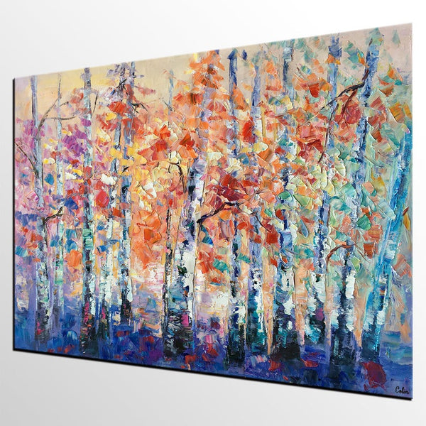 Palette Knife Paintings, Autumn Tree Landscape Paintings, Custom Canvas Painting for Dining Room, Landscape Canvas Paintings, Heavy Texture Painting-ArtWorkCrafts.com