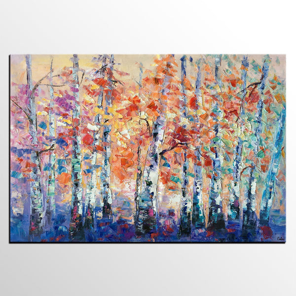 Palette Knife Paintings, Autumn Tree Landscape Paintings, Custom Canvas Painting for Dining Room, Landscape Canvas Paintings, Heavy Texture Painting-ArtWorkCrafts.com