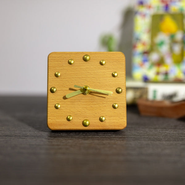 Handcrafted Beechwood Desk Clock with Gold Metal Dots - Sophisticated Handmade Wooden Desktop Clock - Artisan Crafted Table Clock - Gifts-ArtWorkCrafts.com