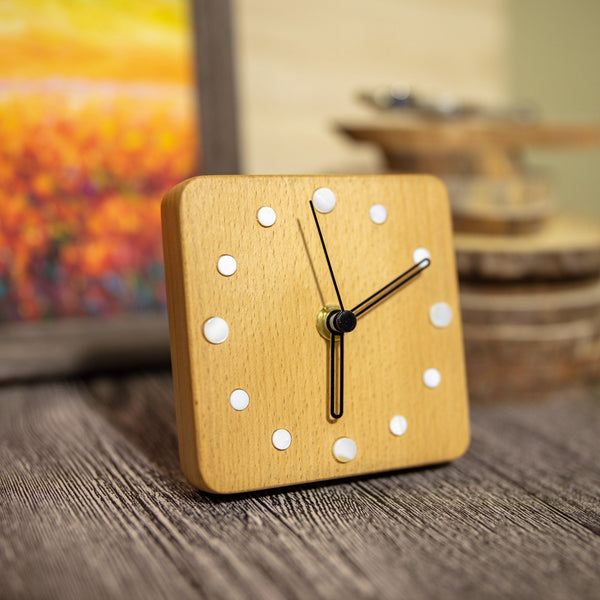 Handcrafted Beechwood Desktop Clock with White Shell Dots Artisan Designed Wooden Table Clock with Elegant Shell Markers - Good Gift Ideas-ArtWorkCrafts.com