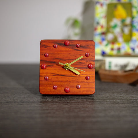 African Padauk Wood Desk Clock - Artisan Crafted Timepiece with Red Ceramic Beads - Unique Home Decor - Thoughtful Gift Option - Silent-ArtWorkCrafts.com