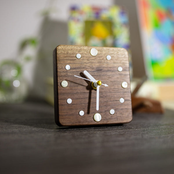 Handcrafted Black Walnut Wood Table Clock with Seashell Hour Markers - Artisan-Made - Modern & Rustic Decor - Perfect Gift Ideas-ArtWorkCrafts.com