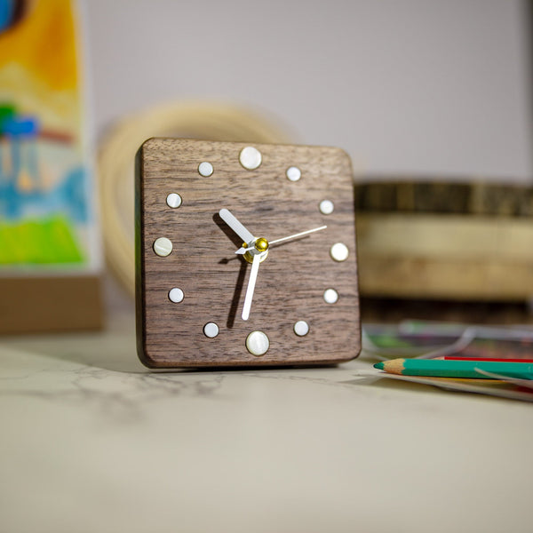 Handcrafted Black Walnut Wood Table Clock with Seashell Hour Markers - Artisan-Made - Modern & Rustic Decor - Perfect Gift Ideas-ArtWorkCrafts.com
